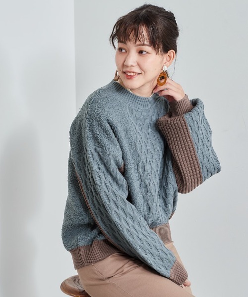 cepo（セポ）の「パッチワークケーブルニット（ニット/セーター・レディース・オフホワイト/サックスブルー・M）」の3枚目の写真