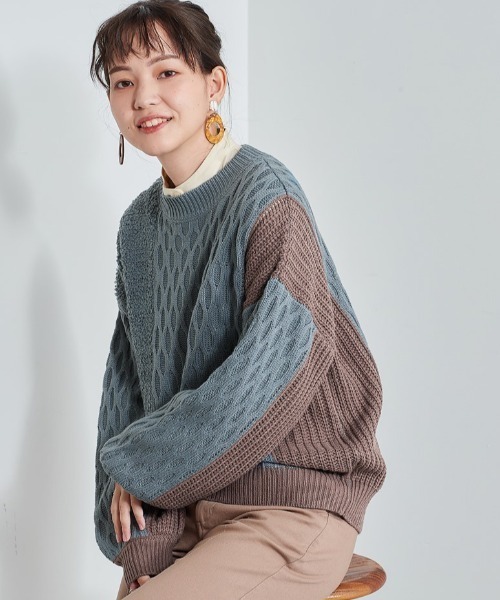 cepo（セポ）の「パッチワークケーブルニット（ニット/セーター・レディース・オフホワイト/サックスブルー・M）」の4枚目の写真