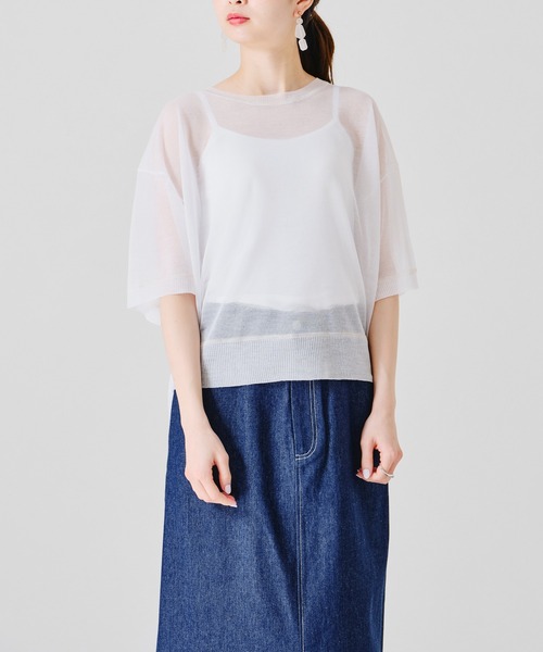 acro（アクロ）の「配色ラインシアーニットTシャツ/AC1356（Tシャツ/カットソー・レディース・ホワイト/パープル/イエロー・ﾌﾘ-）」の2枚目の写真