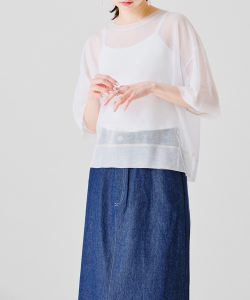 acro（アクロ）の「配色ラインシアーニットTシャツ/AC1356（Tシャツ/カットソー・レディース・ホワイト/パープル/イエロー・ﾌﾘ-）」の5枚目の写真