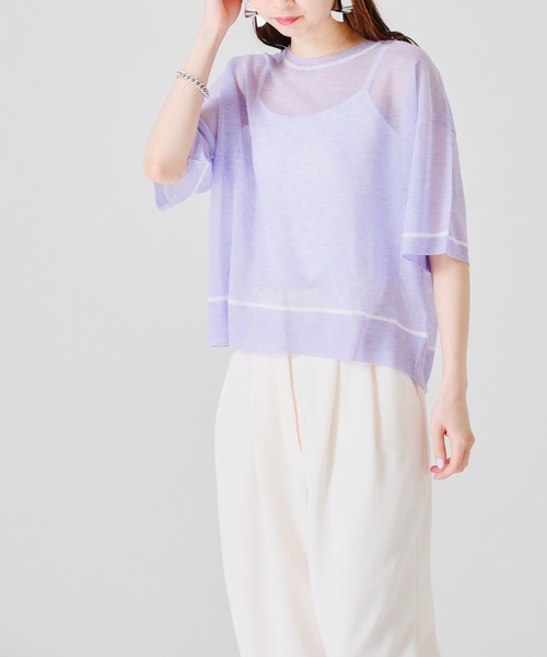 acro（アクロ）の「配色ラインシアーニットTシャツ/AC1356（Tシャツ/カットソー・レディース・ホワイト/パープル/イエロー・ﾌﾘ-）」の7枚目の写真