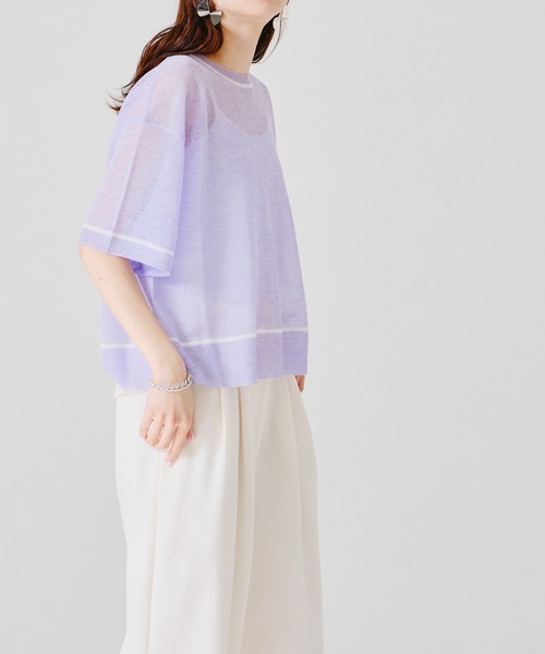 acro（アクロ）の「配色ラインシアーニットTシャツ/AC1356（Tシャツ/カットソー・レディース・ホワイト/パープル/イエロー・ﾌﾘ-）」の9枚目の写真