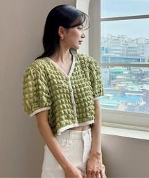 ワッフルエンボス配色カーディガン