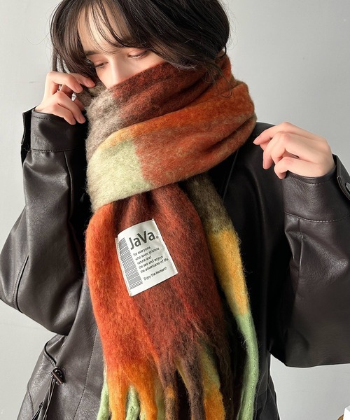 セール】大判・ふわふわ チェック柄 ボリュームマフラー／フェイク
