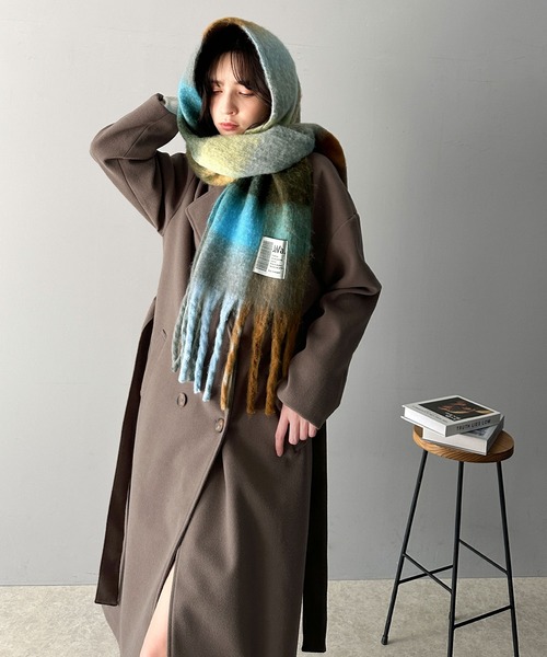 Java（ジャバ）の「大判・ふわふわ チェック柄 ボリュームマフラー／フェイクウールストール《JaVaジャバ コラボ》（マフラー・レディース・パープル/グレー/ブルー/グリーン/アイボリー/ライトベージュ/ブルーグリーン/オレンジ・FREE）」の19枚目の写真