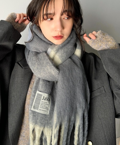 modimood ウール　クロップド　ジャケット　マフラー　アイボリー　韓国 セール】大判・ふわふわ チェック柄 ボリュームマフラー／フェイク