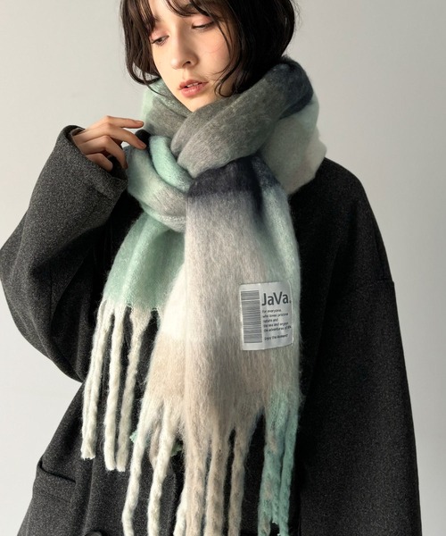 セール】大判・ふわふわ チェック柄 ボリュームマフラー／フェイク