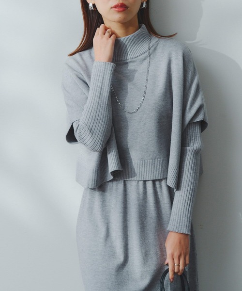 Chez toi(シェトワ)の「ケーププルオーバー×リブワンピースニットアップ(ワンピース・レディース・ブラック/グレー/アイボリー/モカ・FREE)」の1枚目の写真