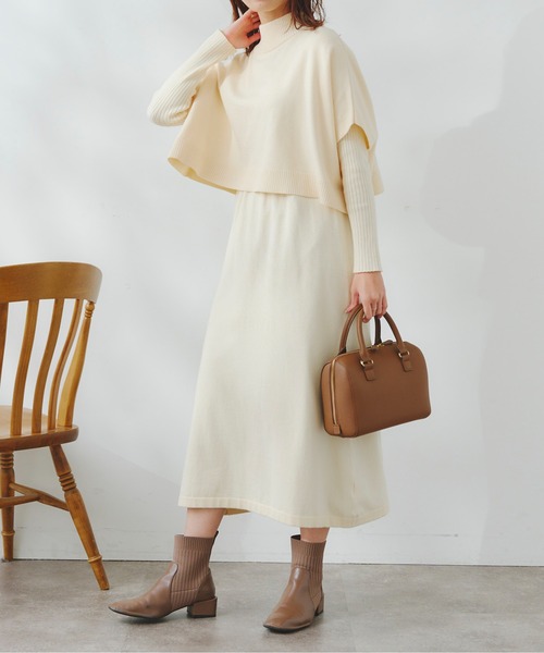 Chez toi(シェトワ)の「ケーププルオーバー×リブワンピースニットアップ(ワンピース・レディース・ブラック/グレー/アイボリー/モカ・FREE)」の3枚目の写真