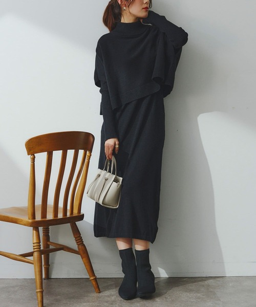 Chez toi(シェトワ)の「ケーププルオーバー×リブワンピースニットアップ(ワンピース・レディース・ブラック/グレー/アイボリー/モカ・FREE)」の4枚目の写真