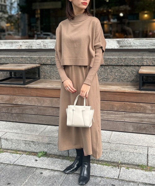 Chez toi(シェトワ)の「ケーププルオーバー×リブワンピースニットアップ(ワンピース・レディース・ブラック/グレー/アイボリー/モカ・FREE)」の6枚目の写真