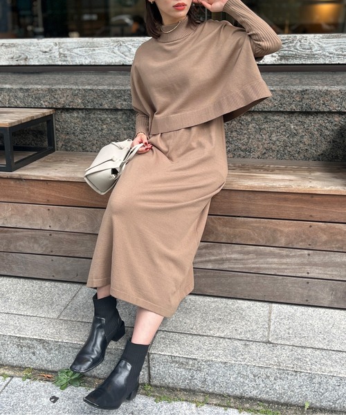 Chez toi(シェトワ)の「ケーププルオーバー×リブワンピースニットアップ(ワンピース・レディース・ブラック/グレー/アイボリー/モカ・FREE)」の18枚目の写真