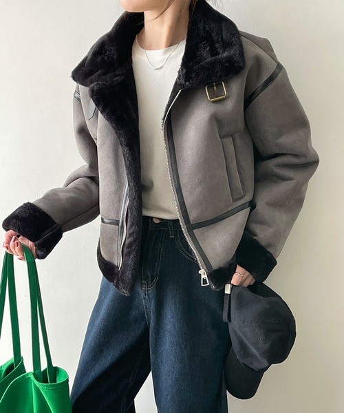 aimoha（アイモハ）の「ダブルカラー　ムートンジャケット（ムートンコート・レディース・オフホワイト/グリーン/グレー/ベージュ・LARGE/MEDIUM）」の2枚目の写真