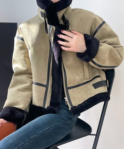 aimoha（アイモハ）の「ダブルカラー　ムートンジャケット（ムートンコート・レディース・オフホワイト/グリーン/グレー/ベージュ・LARGE/MEDIUM）」の4枚目の写真