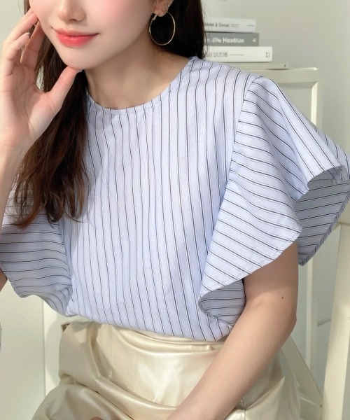 me by ISSEY MIYAKE フリル付きストライプ半袖トップス シャツ ストライプ トップス レディース 長袖 春 秋 シャツブラウス