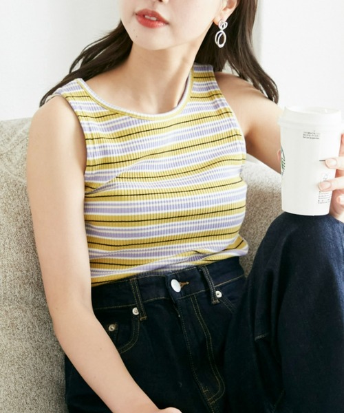 OMNES（オムネス）の「2way マルチボーダーフライスリブタンクトップ（タンクトップ・レディース・ブルー/ネイビー/イエロー/ベージュ・FREE）」の4枚目の写真