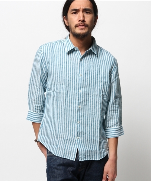 417 EDIFICE（フォーワンセブンエディフィス）の「◇リネンストライプレギュラーカラー 7/S シャツ（シャツ/ブラウス・メンズ・グリーン/ネイビー・MEDIUM/LARGE/SMALL）」の2枚目の写真