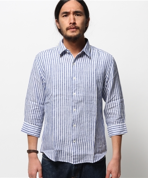 417 EDIFICE（フォーワンセブンエディフィス）の「◇リネンストライプレギュラーカラー 7/S シャツ（シャツ/ブラウス・メンズ・グリーン/ネイビー・MEDIUM/LARGE/SMALL）」の3枚目の写真