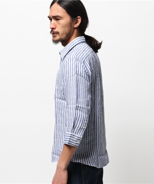 417 EDIFICE（フォーワンセブンエディフィス）の「◇リネンストライプレギュラーカラー 7/S シャツ（シャツ/ブラウス・メンズ・グリーン/ネイビー・MEDIUM/LARGE/SMALL）」の4枚目の写真