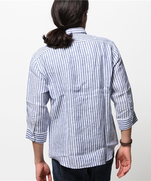 417 EDIFICE（フォーワンセブンエディフィス）の「◇リネンストライプレギュラーカラー 7/S シャツ（シャツ/ブラウス・メンズ・グリーン/ネイビー・MEDIUM/LARGE/SMALL）」の5枚目の写真