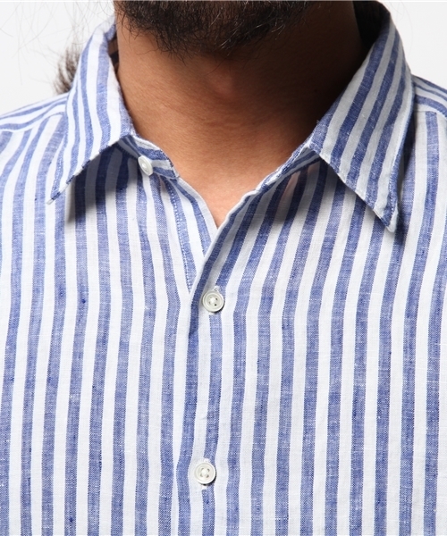 417 EDIFICE（フォーワンセブンエディフィス）の「◇リネンストライプレギュラーカラー 7/S シャツ（シャツ/ブラウス・メンズ・グリーン/ネイビー・MEDIUM/LARGE/SMALL）」の6枚目の写真