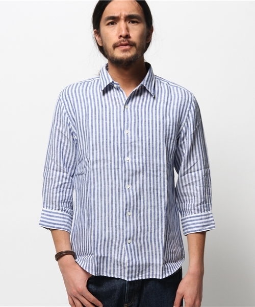 417 EDIFICE（フォーワンセブンエディフィス）の「◇リネンストライプレギュラーカラー 7/S シャツ（シャツ/ブラウス・メンズ・グリーン/ネイビー・MEDIUM/LARGE/SMALL）」の12枚目の写真