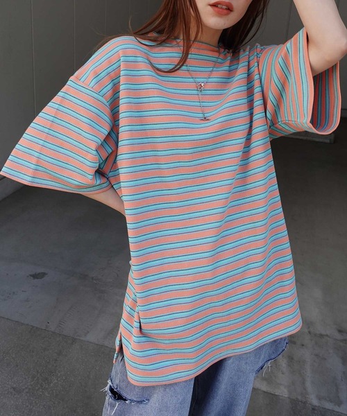 CORNERS（コーナーズ）の「マルチカラーボーダーワッフルオーバーサイズTシャツ（Tシャツ/カットソー・レディース・オレンジ/ブルー/アイボリー・M）」の3枚目の写真