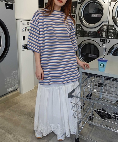 CORNERS（コーナーズ）の「マルチカラーボーダーワッフルオーバーサイズTシャツ（Tシャツ/カットソー・レディース・オレンジ/ブルー/アイボリー・M）」の2枚目の写真