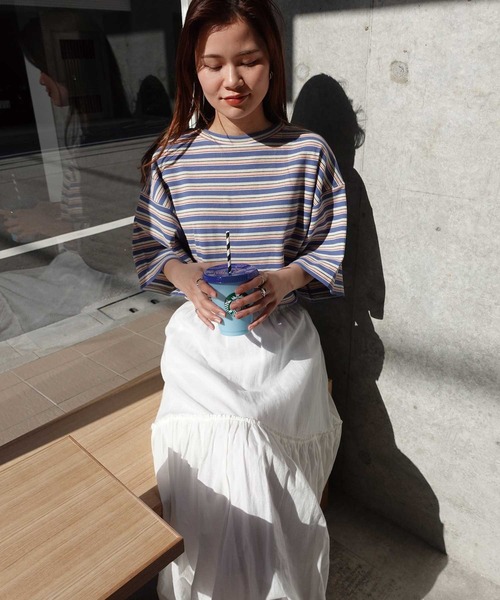 CORNERS（コーナーズ）の「マルチカラーボーダーワッフルオーバーサイズTシャツ（Tシャツ/カットソー・レディース・オレンジ/ブルー/アイボリー・M）」の10枚目の写真