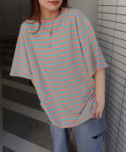 CORNERS（コーナーズ）の「マルチカラーボーダーワッフルオーバーサイズTシャツ（Tシャツ/カットソー・レディース・オレンジ/ブルー/アイボリー・M）」の7枚目の写真
