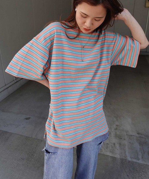 CORNERS（コーナーズ）の「マルチカラーボーダーワッフルオーバーサイズTシャツ（Tシャツ/カットソー・レディース・オレンジ/ブルー/アイボリー・M）」の5枚目の写真