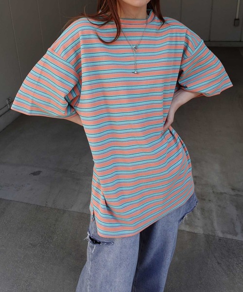 CORNERS（コーナーズ）の「マルチカラーボーダーワッフルオーバーサイズTシャツ（Tシャツ/カットソー・レディース・オレンジ/ブルー/アイボリー・M）」の9枚目の写真