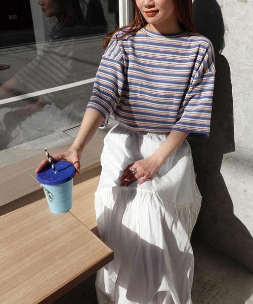 CORNERS（コーナーズ）の「マルチカラーボーダーワッフルオーバーサイズTシャツ（Tシャツ/カットソー・レディース・オレンジ/ブルー/アイボリー・M）」の16枚目の写真