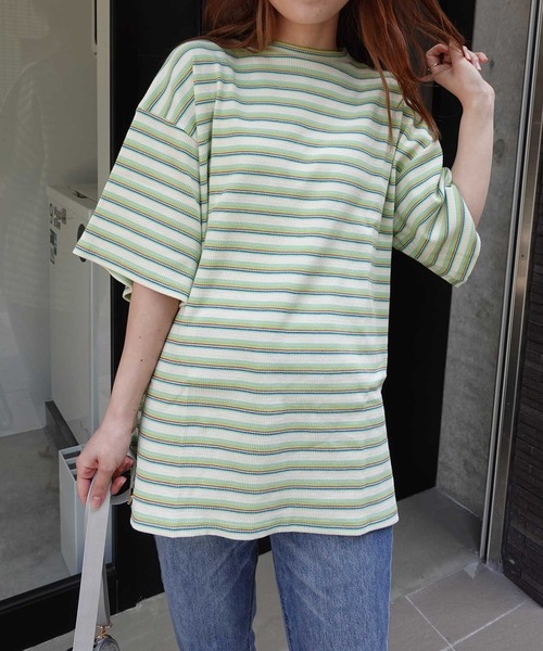 CORNERS（コーナーズ）の「マルチカラーボーダーワッフルオーバーサイズTシャツ（Tシャツ/カットソー・レディース・オレンジ/ブルー/アイボリー・M）」の14枚目の写真