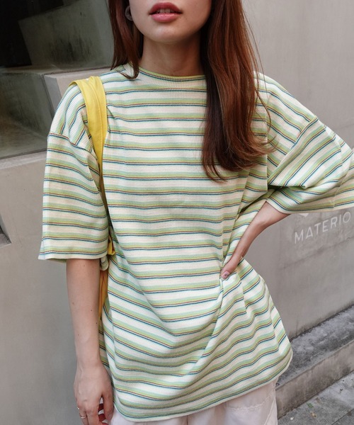 CORNERS（コーナーズ）の「マルチカラーボーダーワッフルオーバーサイズTシャツ（Tシャツ/カットソー・レディース・オレンジ/ブルー/アイボリー・M）」の22枚目の写真