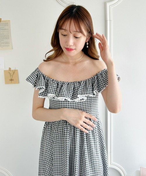 エムミーエメ mmeeme オフショルリボンチェックワンピース ♥試着のみ♥ shoulder ribbon check mini cami onepiece /ショルダーリボン