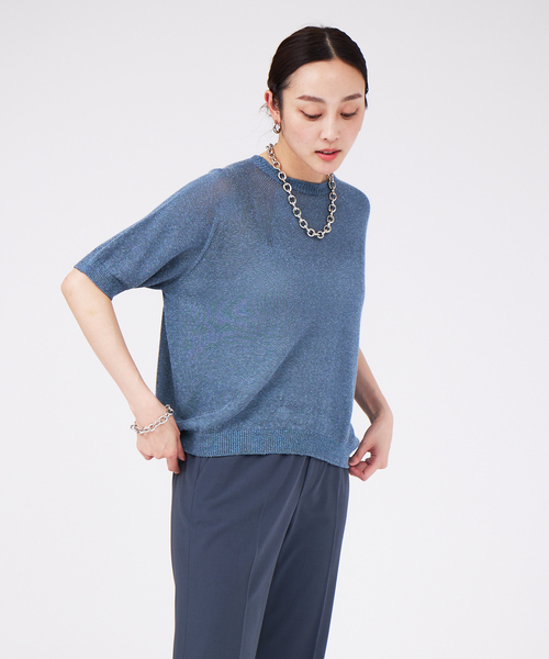 qualite（カリテ）の「レーヨンリネンクールネックニット（ニット/セーター・レディース・ピンク/オフホワイト/ブルー・フリー）」の3枚目の写真