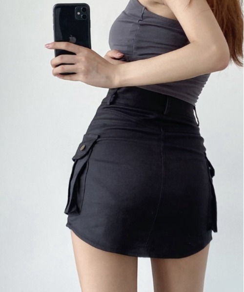 Silly（シリー）の「【万能着回しアイテム!大活躍♪】ストレッチカーゴ風ミニスカート（スカート・レディース・ブラック/グリーン/ブラウン/ベージュ・SMALL/MEDIUM/LARGE）」の14枚目の写真