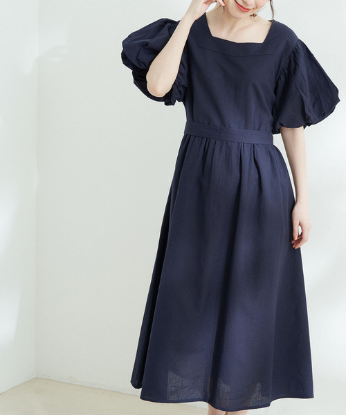 Jayro（ジャイロ）の「綿麻スクエアネックバルーン袖ワンピース（ワンピース・レディース・ブラック/ネイビー/ピンク・M）」の3枚目の写真