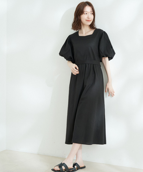 Jayro（ジャイロ）の「綿麻スクエアネックバルーン袖ワンピース（ワンピース・レディース・ブラック/ネイビー/ピンク・M）」の2枚目の写真