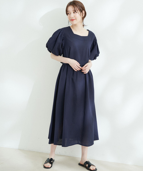 Jayro（ジャイロ）の「綿麻スクエアネックバルーン袖ワンピース（ワンピース・レディース・ブラック/ネイビー/ピンク・M）」の4枚目の写真