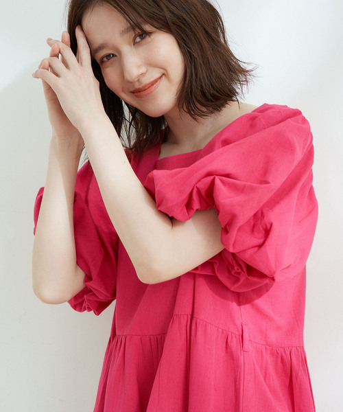 Jayro（ジャイロ）の「綿麻スクエアネックバルーン袖ワンピース（ワンピース・レディース・ブラック/ネイビー/ピンク・M）」の8枚目の写真