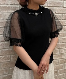 ビジュー付チュール袖トップス