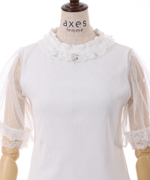 axes femme(アクシーズファム)の「ビジュー付チュール袖トップス(Tシャツ/カットソー・レディース・ブラック/ブルーグリーン/ホワイト・FREE)」の18枚目の写真