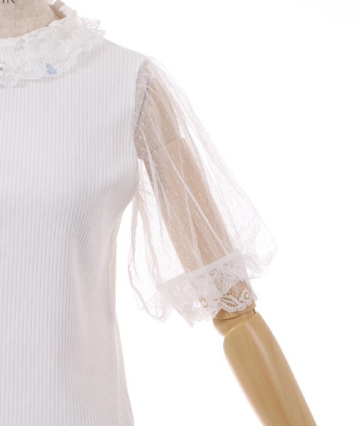 axes femme(アクシーズファム)の「ビジュー付チュール袖トップス(Tシャツ/カットソー・レディース・ブラック/ブルーグリーン/ホワイト・FREE)」の13枚目の写真