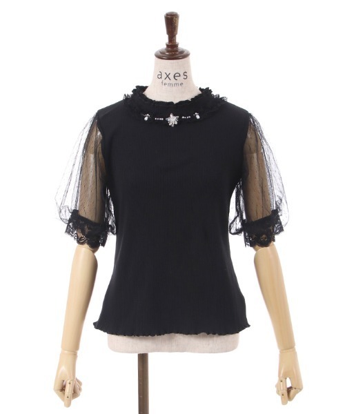 axes femme(アクシーズファム)の「ビジュー付チュール袖トップス(Tシャツ/カットソー・レディース・ブラック/ブルーグリーン/ホワイト・FREE)」の12枚目の写真