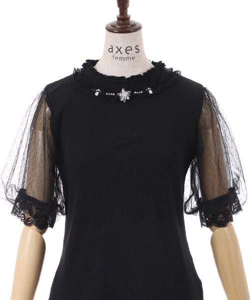 axes femme(アクシーズファム)の「ビジュー付チュール袖トップス(Tシャツ/カットソー・レディース・ブラック/ブルーグリーン/ホワイト・FREE)」の9枚目の写真