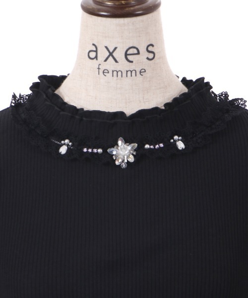axes femme(アクシーズファム)の「ビジュー付チュール袖トップス(Tシャツ/カットソー・レディース・ブラック/ブルーグリーン/ホワイト・FREE)」の7枚目の写真
