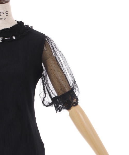 axes femme(アクシーズファム)の「ビジュー付チュール袖トップス(Tシャツ/カットソー・レディース・ブラック/ブルーグリーン/ホワイト・FREE)」の4枚目の写真