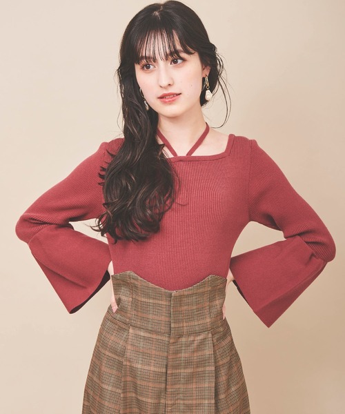 31 Sons de mode（トランテアン　ソン　ドゥ　モード）の「フレアスリーブニット（ニット/セーター・レディース・ボルドー/マスタード/ブラック/オフホワイト/ホワイト×ブラック・36）」の6枚目の写真